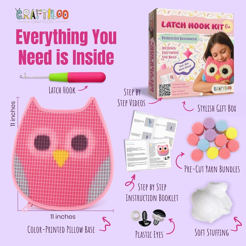 CRAFTILOO Latch Hook Kit for Kids Rug DIY Pillow Craft with Hook, Precut Yarn, Easy to Follow Pattern Cute Designs with Wise Owl Ages 6+ - Image 2